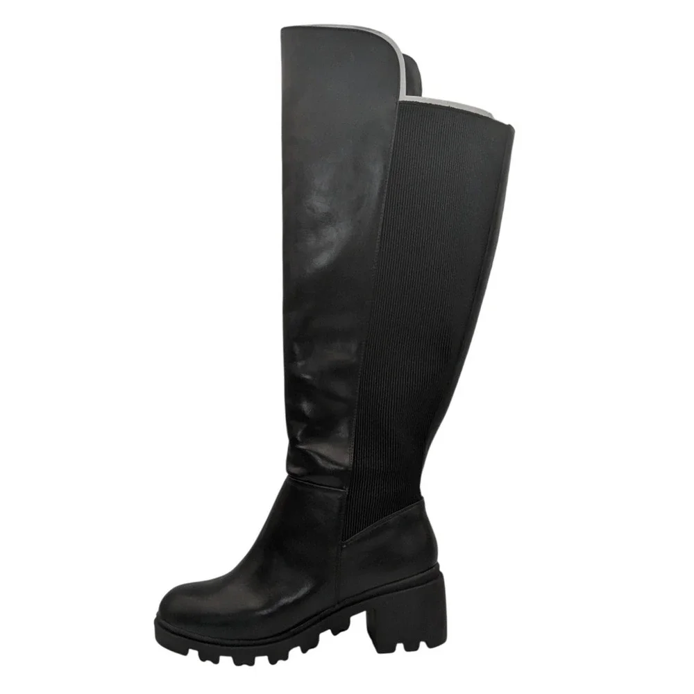 JustFab Ayden‎ Black Faux Leather Lug Sole Tall Knee High Boots Women 9 Side Zip